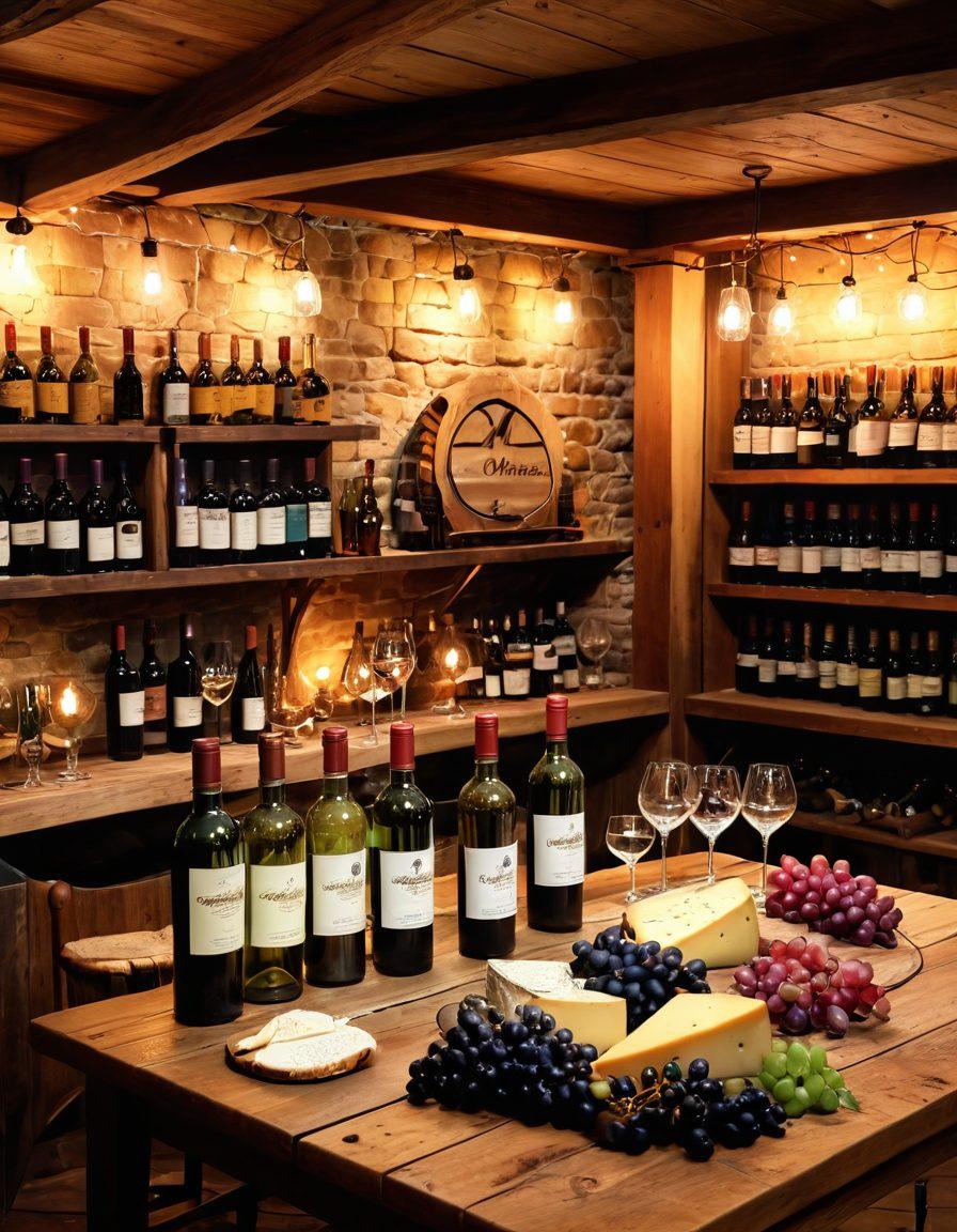 A rustic wine cellar filled with various vintage wine bottles, showcasing a romantic wine tasting setup with crystal glasses and aromatic cheese pairings on a wooden table. In the background, a vibrant festival scene unfolds with people enjoying wine, live music, and grapevine decorations under twinkling lights. Soft, warm lighting enhances the nostalgic atmosphere. vintage style. vibrant colors.