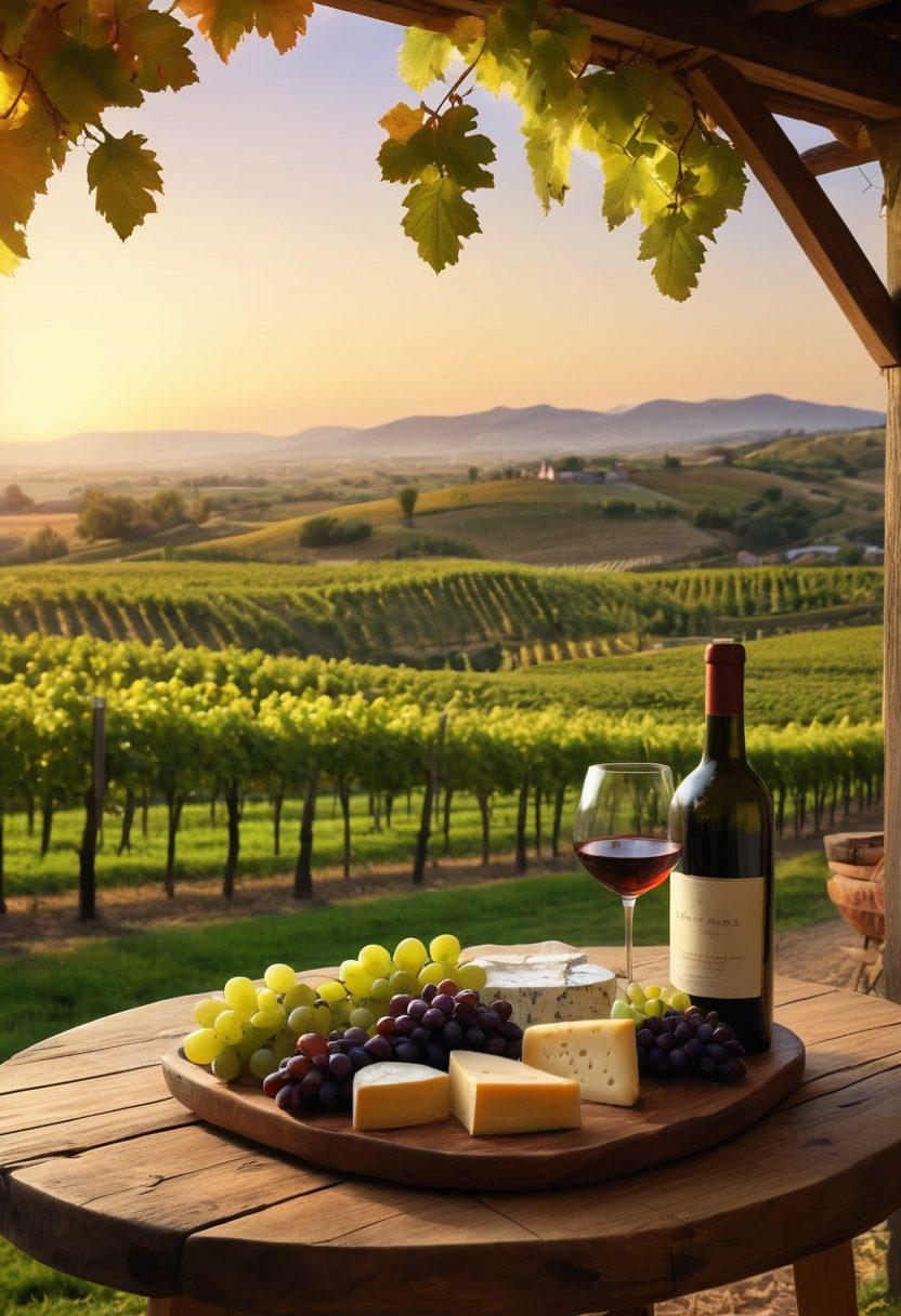 A rustic vineyard landscape at sunset, with lush grapevines in the foreground and a wooden table set for a wine tasting, featuring various wine glasses and a beautifully arranged cheese platter. In the background, a stylish wine bottle and clusters of ripe grapes add an inviting touch. Emphasize the warm, cozy atmosphere and rich colors of the vineyard. super-realistic. vibrant colors. warm lighting.