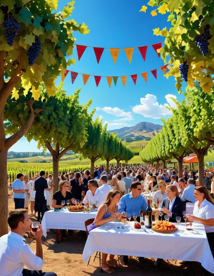 A festive vineyard scene filled with happy wine connoisseurs sampling different wines, surrounded by lush grapevines under a bright blue sky. Include colorful banners announcing wine festivals, tables filled with gourmet food pairings, and musicians playing lively tunes in the background. Capture the essence of celebration and community. vibrant colors. super-realistic. 3D.